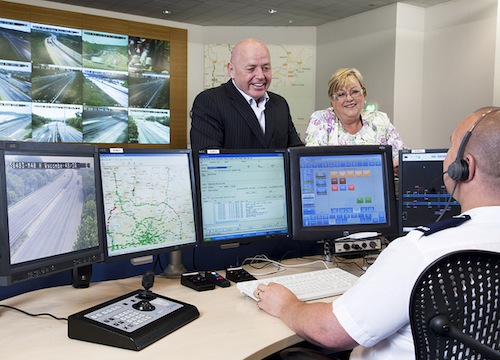 HA0540. May 2010. New HotKey being launched on the ICCS in RCC Control Rooms, to provide direct telephone link to the RHAs rescue recovery group control room. Nikki King, Chair of Road Haulage Association Rescue and Steve Ferridge her deputy were at the ERCC to mark the event.